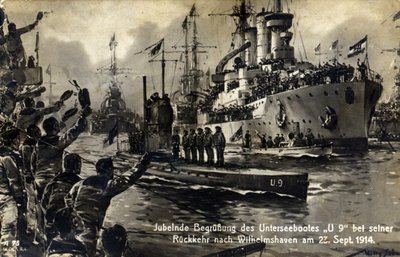 Postcard of sailors welcoming the U-boat U9 on its return to Wilhelmshaven, 23rd September 1914 by Unknown